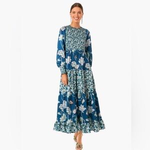 Tuckernuck Blue Geranium Floral Libby Maxi Dress Size XS Smocked